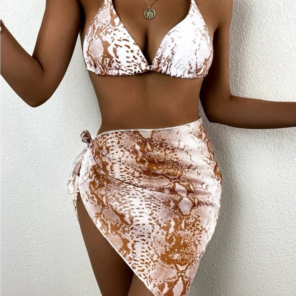 SHEIN Drawstring bikini, snakeskin print with sarong cover up size medium.